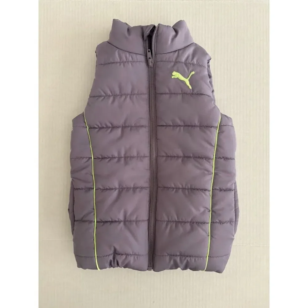 PUMA Girls 4T Puffer Vest Gray Neon Logo Full Zip Quilted Toddler